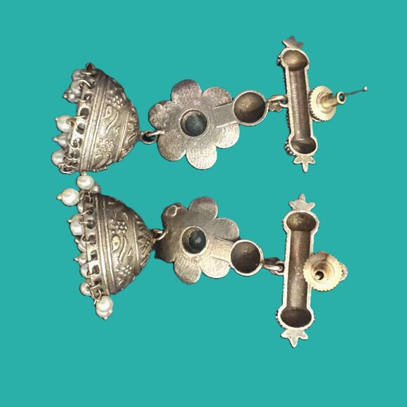 Handmade Silver Green Turquoise gems Jhumka Earrings with Pearl Accents EUC - Picture 11 of 12